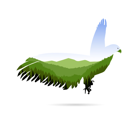 Silhouette of eagle with panorama of mountains. Valley(canyon).   Sunset. Natural shades.のイラスト素材