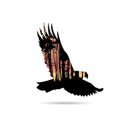 Silhouette of eagle with fire in forest.のイラスト素材