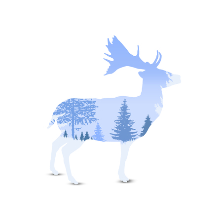 Silhouette of deer with mountains and coniferous trees. Blue shades. Winter.のイラスト素材