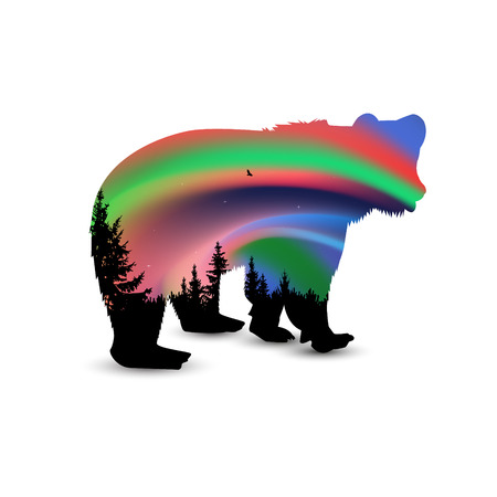 Silhouette of bear with coniferous trees on the background of colorful sky. Northern lights.のイラスト素材