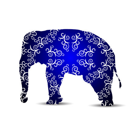 Silhouette of elephant with white curls on the black and blue background.のイラスト素材