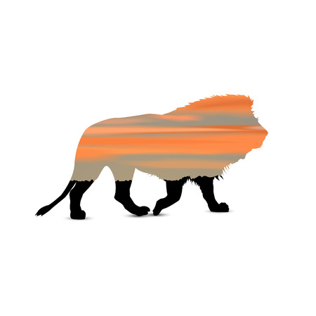 Silhouette of lion with african savannah and colorful cloudly sky. Hot. Sunset.のイラスト素材