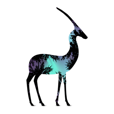 Silhouette of antelope with coniferous trees on the background of colorful sky.  Northern lights. Blue tones.のイラスト素材