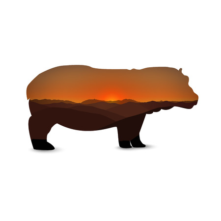 Silhouette of hippo with african landscape. Sunset. Dusk.のイラスト素材