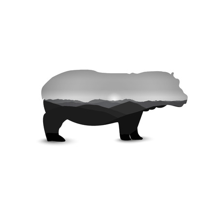 Silhouette of hippo with african landscape. Dusk. Grey tones.のイラスト素材