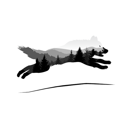 Silhouette of jumping wolf with mountain landscape. Grey tones.のイラスト素材