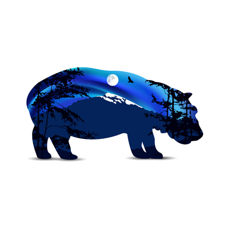 Silhouette of hippo with panorama of mountains.  Snowy peak and deciduous trees.  Moonlight. Night.のイラスト素材