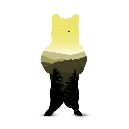 Silhouette of standing bear with mountain landscape. Natural shades.のイラスト素材