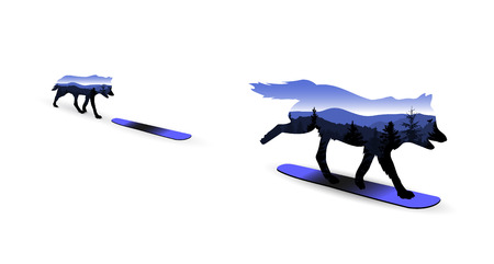 Silhouette of wolf on snowboard with mountain landscape.のイラスト素材