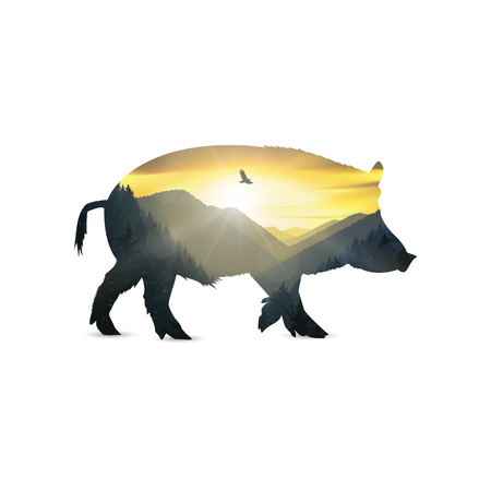Silhouette of boar with mountains panorama. Colorful sunset in wild valley.のイラスト素材