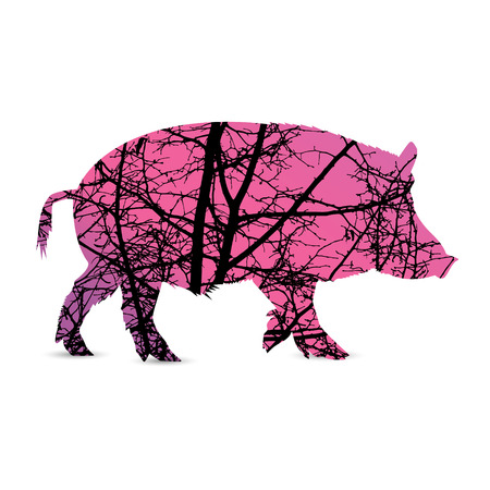 Silhouette of boar with branches of trees without leaves. Pink tones of sky Japanese style.のイラスト素材