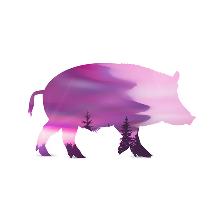 Silhouette of boar with abstract evening sky. Pink piggy.のイラスト素材