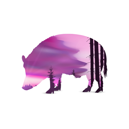 Silhouette of boar with evening sky, sunset and trunks. Abstract pink tones.のイラスト素材
