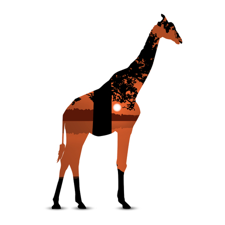 Silhouette of giraffe with  panorama of african landscape. Black and brown tones.のイラスト素材
