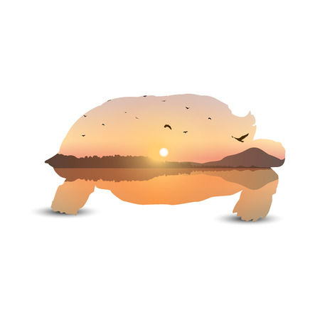 Silhouette of turtle with landscape background. Sunset on exotic island with volcano. A flock of birds on the background of colorful sky .のイラスト素材