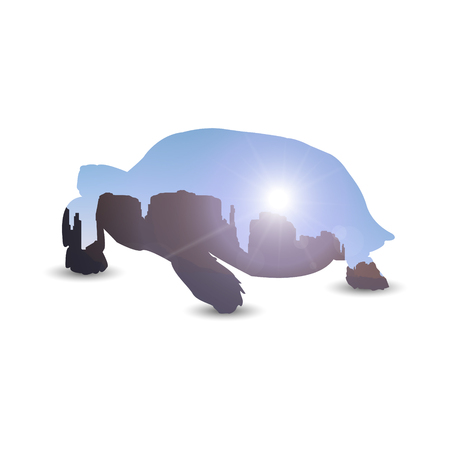 Silhouette of turtle with landscape background. Western desert. Rocks.  Blue sky. Rays.のイラスト素材