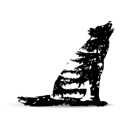 Double exposure of howling wolf with black branches pine trees.のイラスト素材