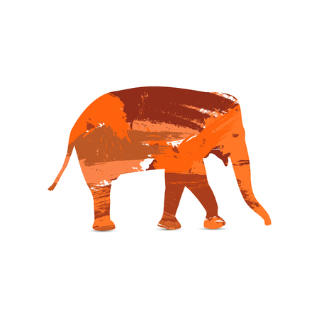 Silhouette of elephant with splash art background. Orange and brown tones.のイラスト素材