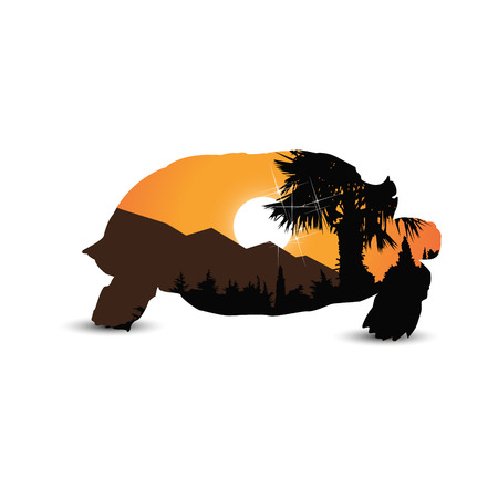 Silhouette of turtle with exotic landscape. Silhouette of palm. Sunset. Brown shades.のイラスト素材