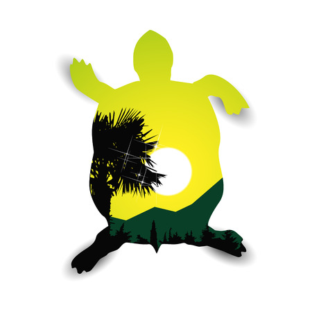 Silhouette of turtle with exotic landscape. Silhouette of palm. Sunset. Green shades.のイラスト素材