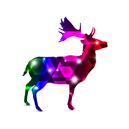 Silhouette of deer with colorful neon hexagons and stars.のイラスト素材