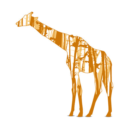 Silhouette of giraffe with trunks of trees.  Orange (brown) tones.のイラスト素材