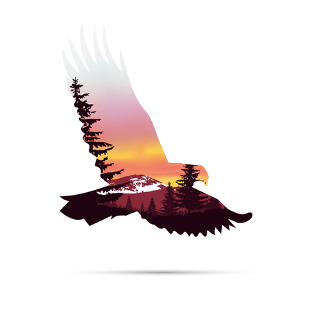 Silhouette of flying eagle with  coniferous trees on the background of snowy mountains and colorful sky. Sunset.のイラスト素材