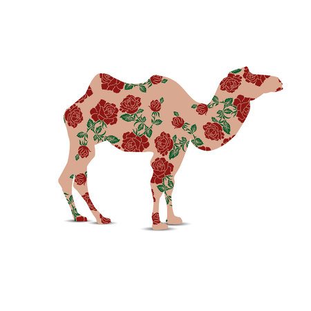 Silhouette of camel with color image of flowers (roses) using traditional Ukrainian embroidery elements.のイラスト素材