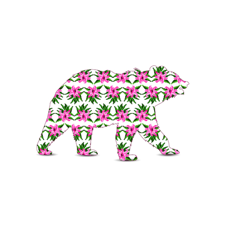 Silhouette of bear with color bouquets of lily in pink and green  tones using traditional Ukrainian embroidery elements.の写真素材