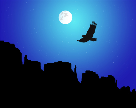 Western desert. Rocks. Flying eagle. Night sky. Moonlight.のイラスト素材