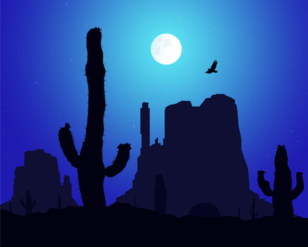 Silhouette of blooming cactuses and western rocks on the background of night sky.のイラスト素材