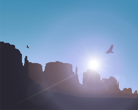 landscape background. Western desert. Rocks. Flying eagles. Blue sky. Rays of sun.のイラスト素材