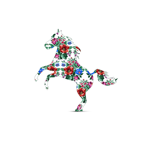 Silhouette of horse with color bouquet of wildflowers (lilia, bellflower, barberry flower and cornflowers) using traditional Ukrainian embroidery elements.のイラスト素材