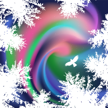 Abstract  white silhouette of coniferous trees on the background of colorful sky.  Eagle in the sky. Night. Northern lights.   View from below.のイラスト素材