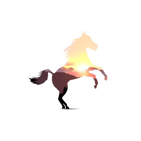Silhouette of horse with coniferous trees on the background of mountains and colorful sky. Sunset.のイラスト素材