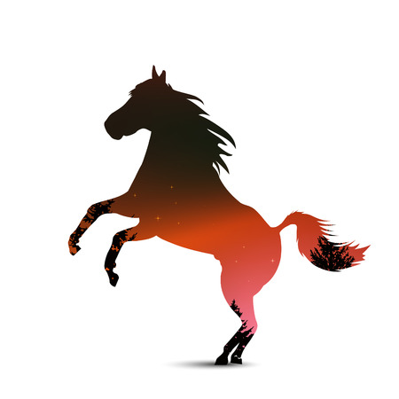 Silhouette of horse with pine forest on the background of colorful sky.  Northern lights. Red and black tonesのイラスト素材