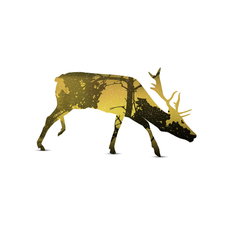 Silhouette of snarling elk with yellow (autumn) landscape.のイラスト素材