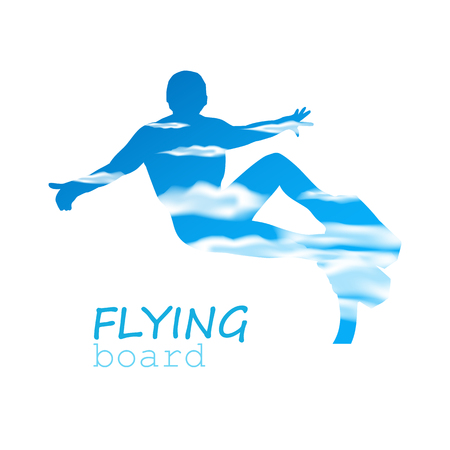 Abstract silhouette. Flying board man. Blue sky and clouds.の写真素材