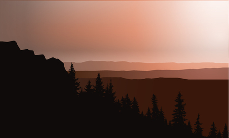 Panorama of mountains. Sunset. Silhouette of rocks and coniferous trees on the background of colorful sky.の写真素材