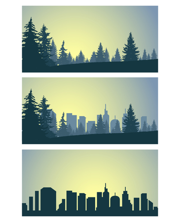 Three panoramic banners of city and coniferous forest.  Blue, yellow and black tones.の写真素材