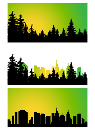 Three  panoramic banners of city and coniferous forest. Green and yellow tones.の写真素材