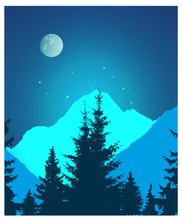 Image landscape. Silhouette of coniferous trees and snowy rocks on the background of night sky and full moon. Neon art.の写真素材