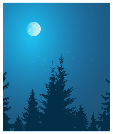 Image landscape. Silhouette of coniferous trees on the background of night sky and full moon.の写真素材