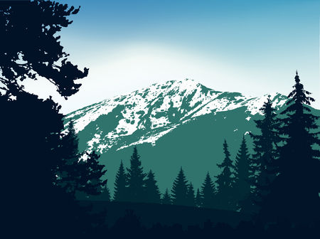 Panorama of mountains. Silhouette of mountains with snow and coniferous trees on the background of colorful sky. Green and blue tones. Can be used as banner of mineral water.の写真素材