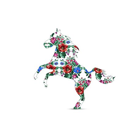 Silhouette of horse with color bouquet of wildflowers (lilia, bellflower, barberry flower and cornflowers) using traditional Ukrainian embroidery elements.の写真素材