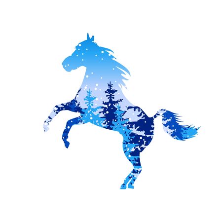 Silhouette of horse with winter woodland. Snowing. Blue tones.の写真素材