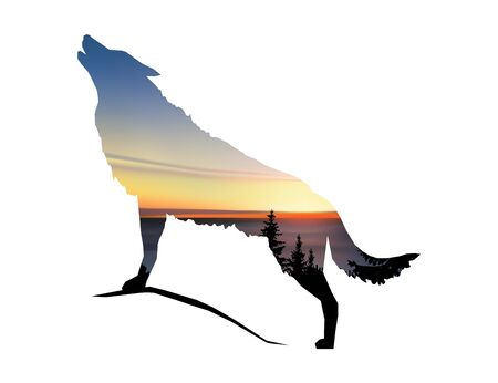 Silhouette of howling wolf with coniferous trees, sea horizon and colorful sky.