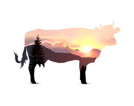 Silhouette of cow with coniferous trees on the background of mountains and colorful sky. Sunset.の写真素材