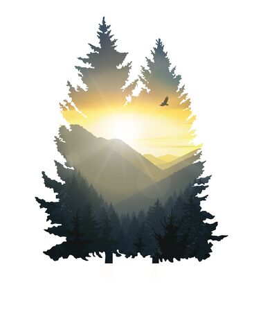 Silhouette of pine trees with mountains panorama. Colorful sunset in wild valley.の写真素材