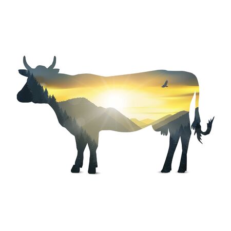 Silhouette of cow with mountains panorama. Colorful sunset in wild valley.の写真素材
